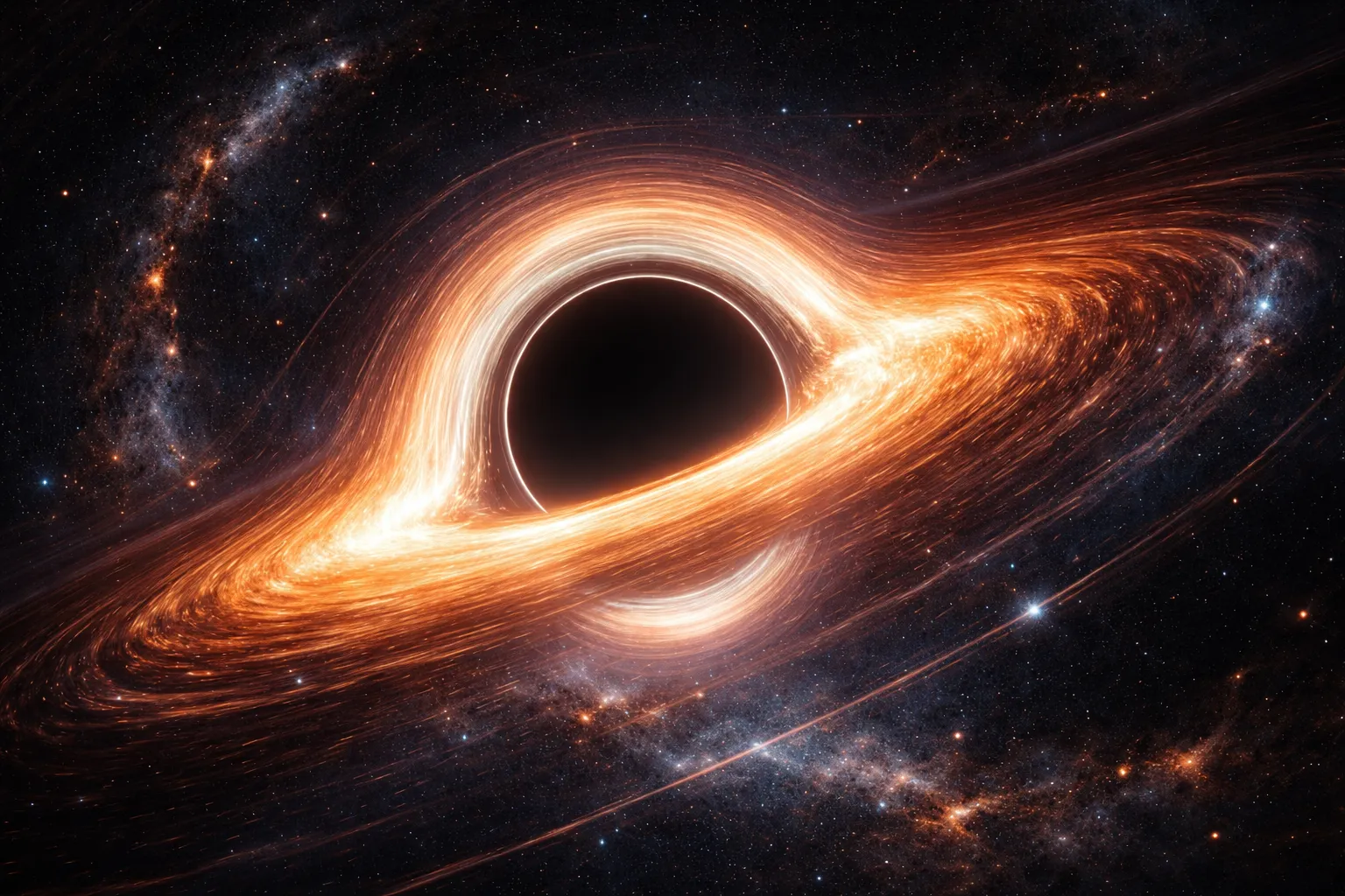 A glowing accretion disk circling a black hole, illustrating the extreme gravity discussed in the article.