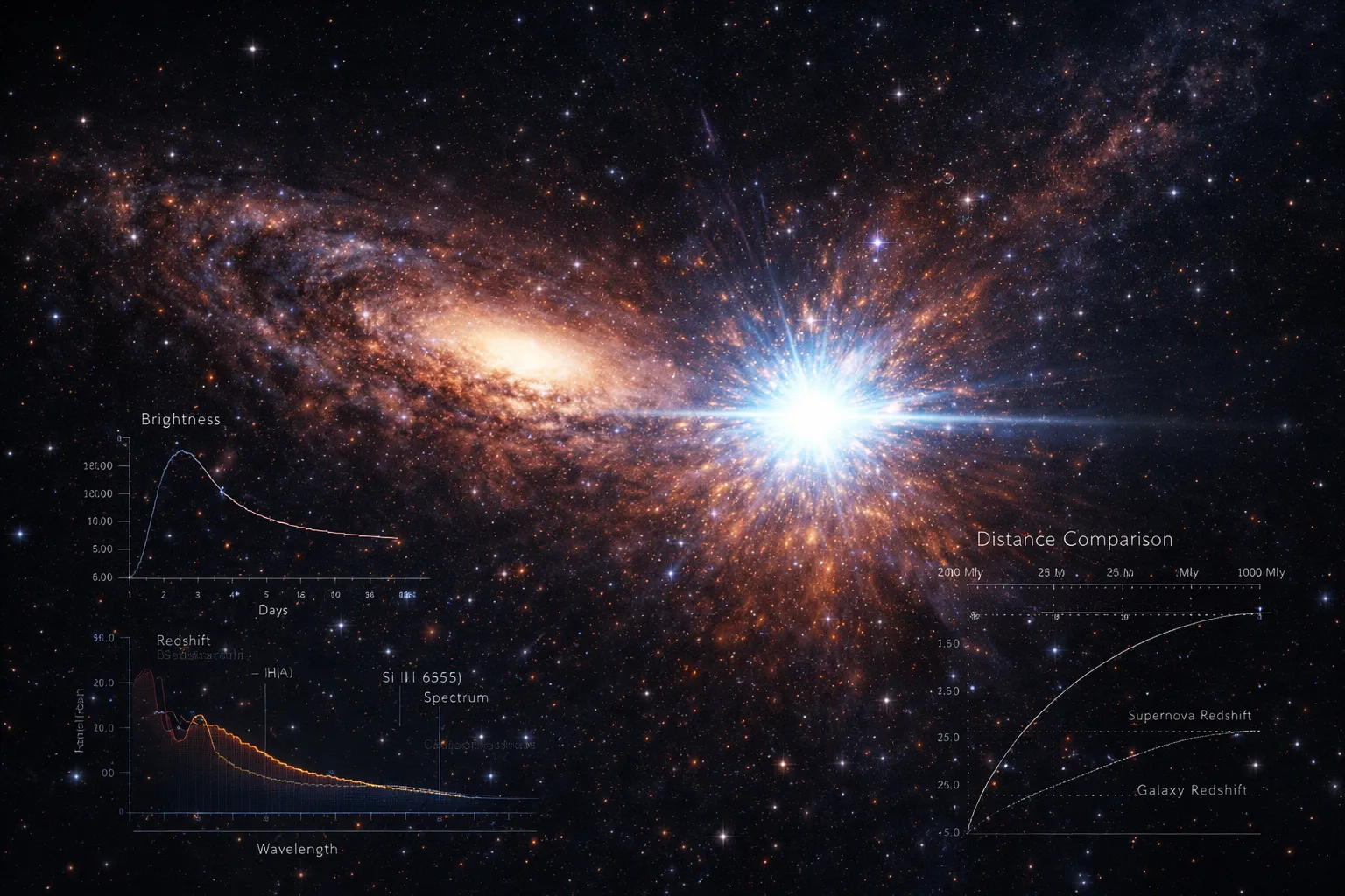 A bright galaxy-scale explosion with plotted curves suggesting the measured acceleration of cosmic expansion.