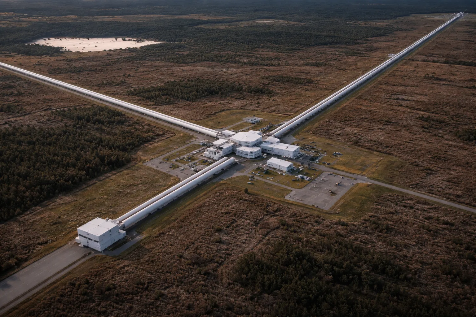 The LIGO interferometer facility with its 4-kilometer arms, designed to detect spacetime ripples.