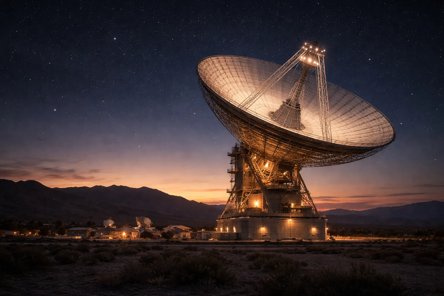A giant Deep Space Network radio dish under the night sky.