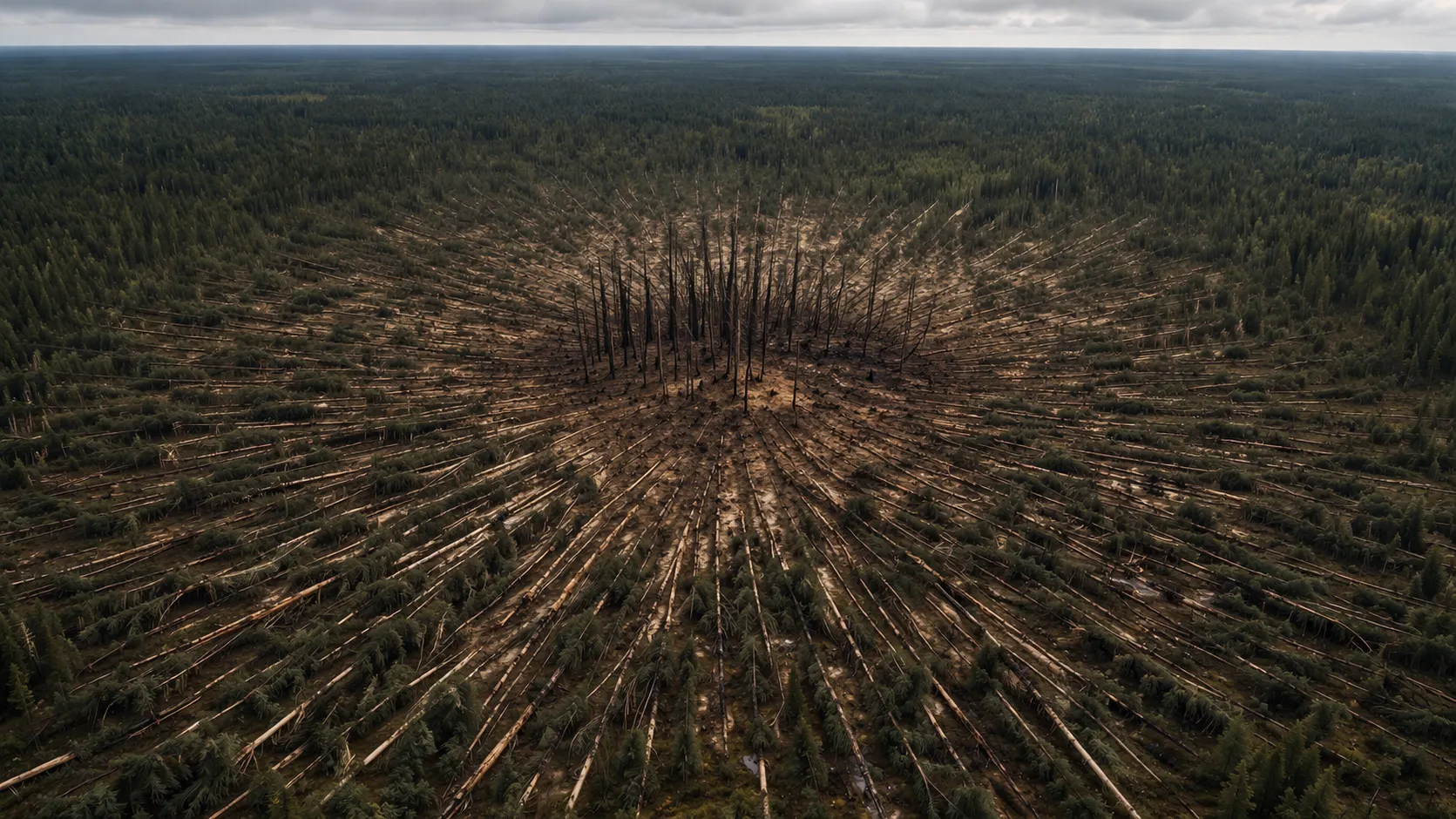 Leonid Kulik's expedition to the Tunguska site in 1927, photographing fallen trees across the remote landscape.