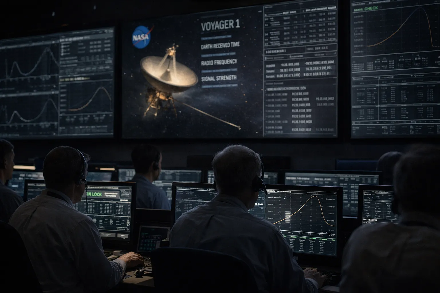 Mission control screens tracking Voyager 1 and its telemetry data.
