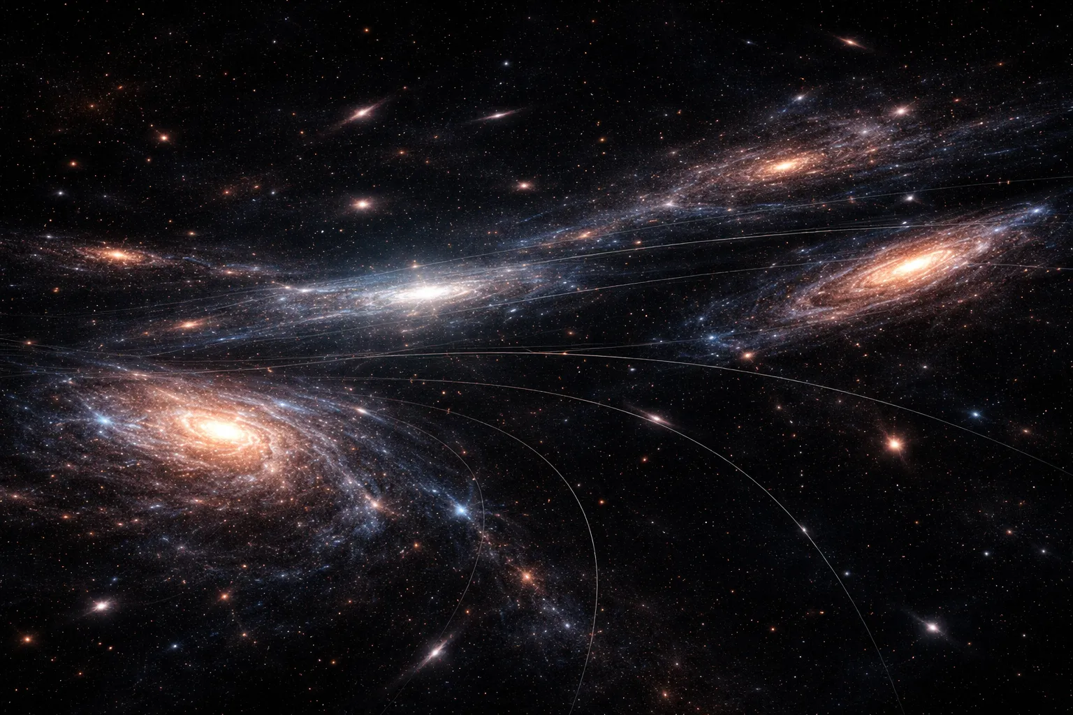 Galaxies spreading apart in a conceptual visualization of large-scale cosmic expansion.