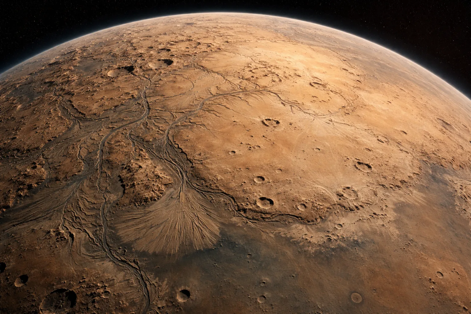 Mars's northern hemisphere showing smooth, flat plains that resemble ancient ocean floors.