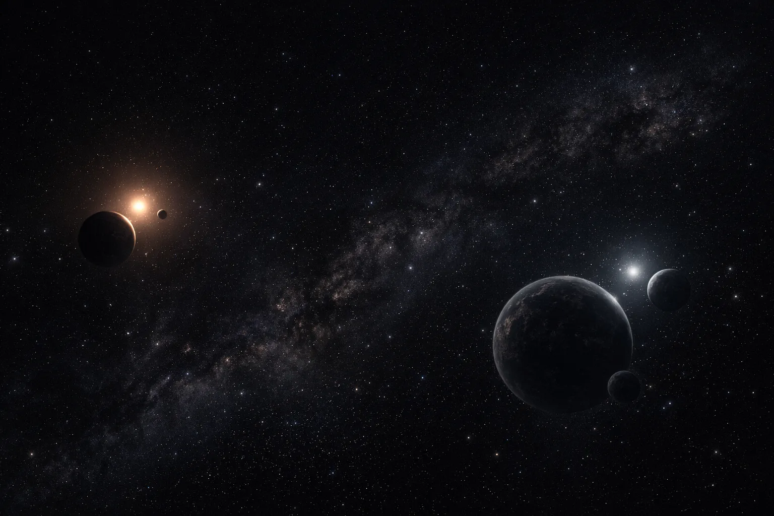 A dim planetary scene under a dark sky, matching the idea of a silent and watchful galaxy.