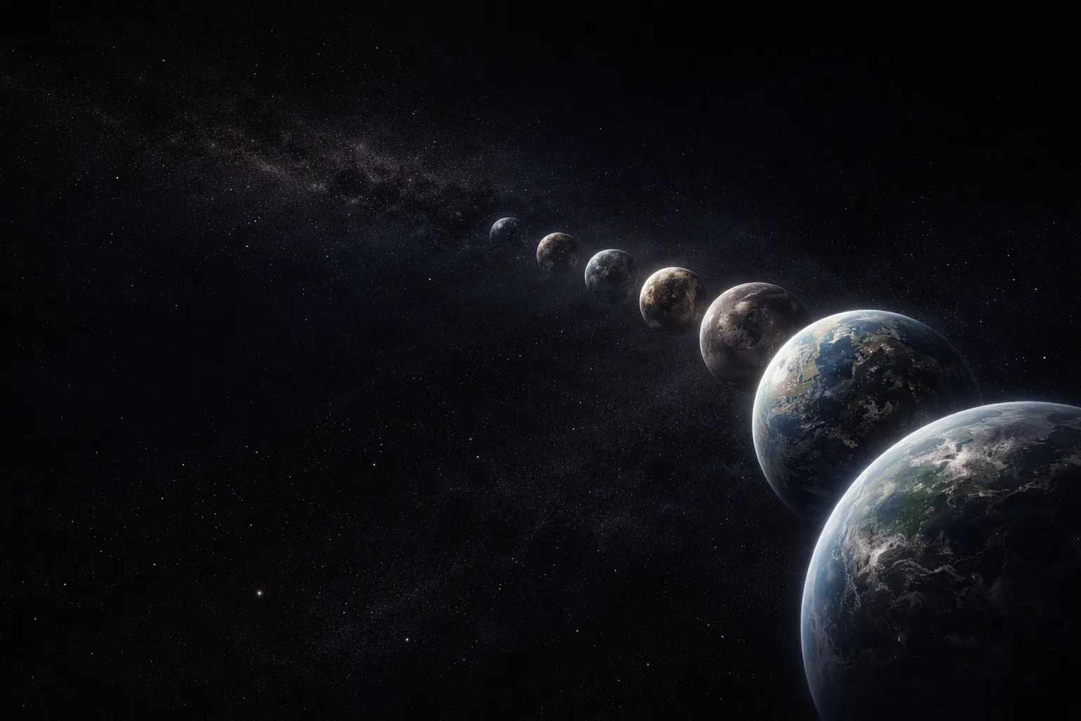 A sequence of planets fading into distance, suggesting the many stages life might never pass.