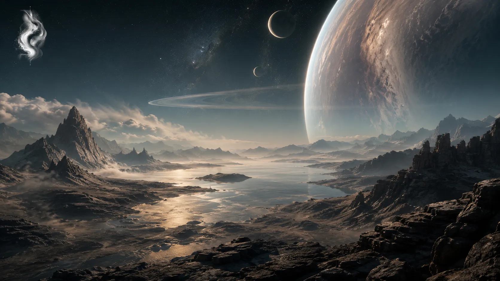 Alien planet surface with gas giant sky